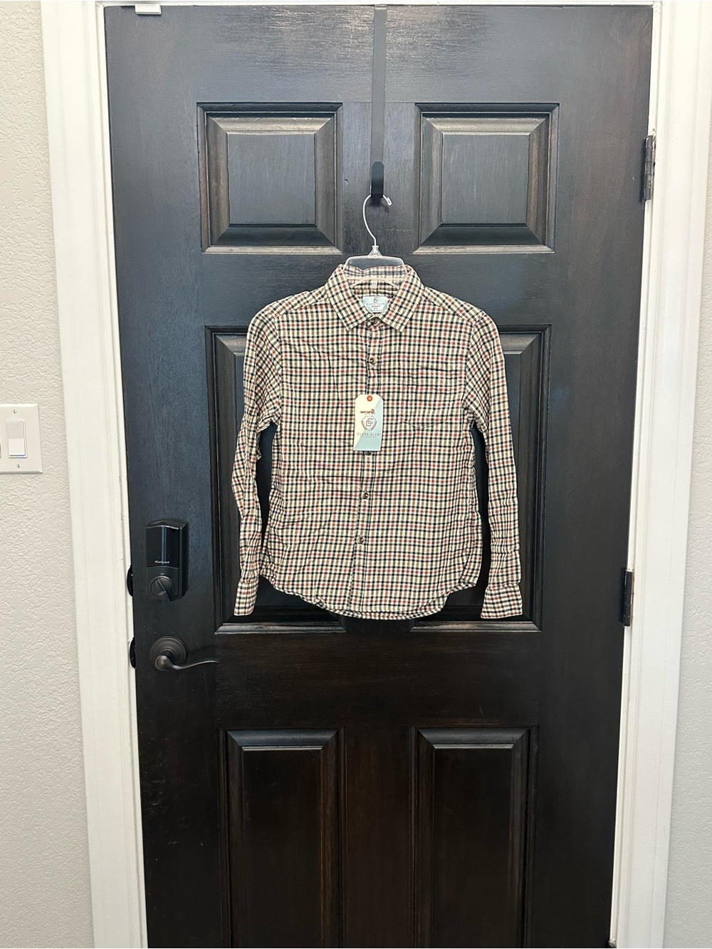 NWT Boys Class Club Long-Sleeve Plaid Button-Down Shirt - Beige/Red/Black 10/12